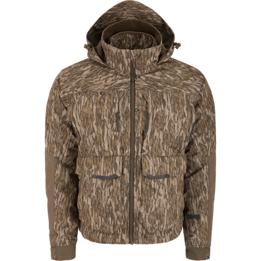 LST CommandXT 3-in-1 PrimaLoft Insulated Jacket, featuring a camo pattern, adjustable hood, articulated sleeves, multiple pockets, and a durable, weatherproof design ideal for hunting.