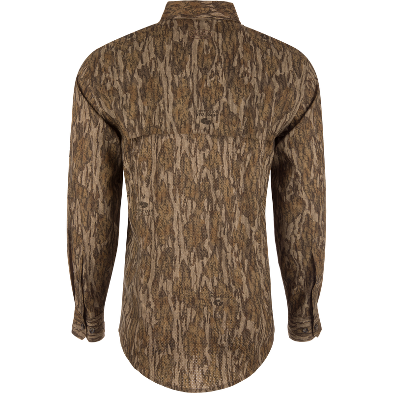 EST Wingshooter Trey Long Sleeve Shirt with hidden button-down collar, vented back, and multiple pockets, designed for outdoor activities with UPF 30 protection.