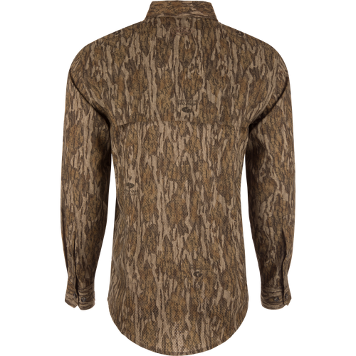 EST Wingshooter Trey Long Sleeve Shirt with hidden button-down collar, vented back, and multiple pockets, designed for outdoor activities with UPF 30 protection.