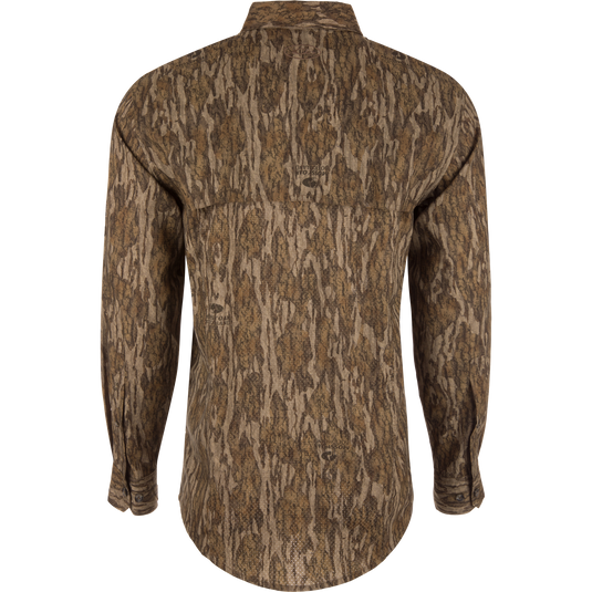 EST Wingshooter Trey Long Sleeve Shirt with hidden button-down collar, vented back, and multiple pockets, designed for outdoor activities with UPF 30 protection.