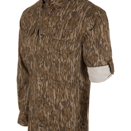 EST Wingshooter Trey Long Sleeve Shirt displayed with vented back, multiple pockets, and hidden button-down collar, ideal for outdoor activities with UPF 30 protection.