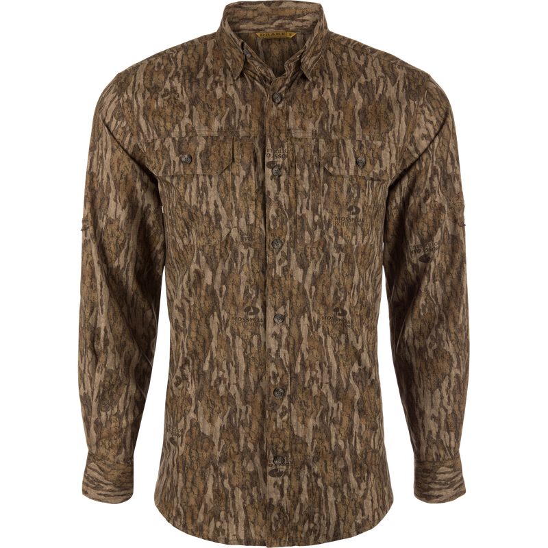 EST Wingshooter Trey Long Sleeve Shirt with hidden button-down collar, vented back, and multiple pockets, designed for outdoor activities with UPF 30 protection and moisture-wicking fabric.