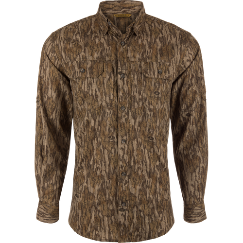 EST Wingshooter Trey Long Sleeve Shirt with hidden button-down collar, vented back, and multiple pockets, designed for outdoor activities with UPF 30 protection and moisture-wicking fabric.
