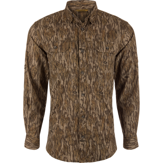 EST Wingshooter Trey Long Sleeve Shirt with hidden button-down collar, vented back, and multiple pockets, designed for outdoor activities with UPF 30 protection and moisture-wicking fabric.