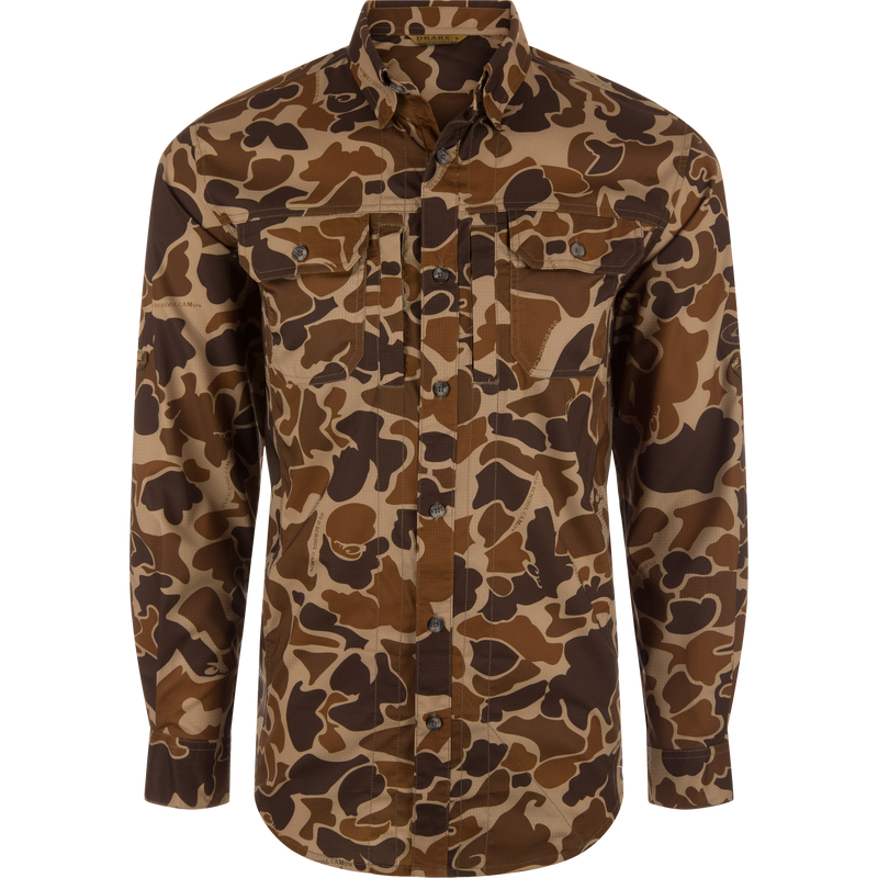 EST Wingshooter Trey Long Sleeve Shirt featuring vented back, multiple pockets, UPF 30 protection, and moisture-wicking fabric, ideal for outdoor activities.