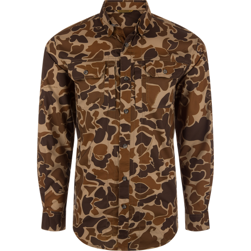 EST Wingshooter Trey Long Sleeve Shirt featuring vented back, multiple pockets, UPF 30 protection, and moisture-wicking fabric, ideal for outdoor activities.