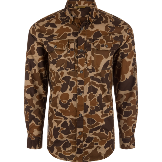 EST Wingshooter Trey Long Sleeve Shirt featuring vented back, multiple pockets, UPF 30 protection, and moisture-wicking fabric, ideal for outdoor activities.