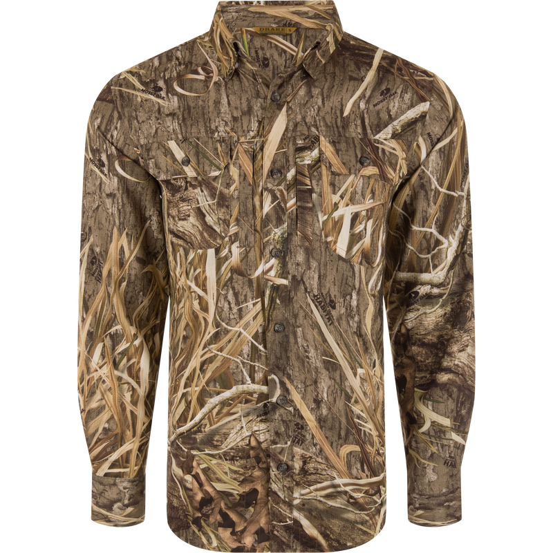 EST Wingshooter Trey Long Sleeve Shirt featuring hidden button-down collar, vented back, and multiple pockets, ideal for outdoor activities with sun protection and moisture-wicking properties.