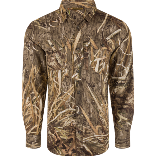 EST Wingshooter Trey Long Sleeve Shirt featuring hidden button-down collar, vented back, and multiple pockets, ideal for outdoor activities with sun protection and moisture-wicking properties.