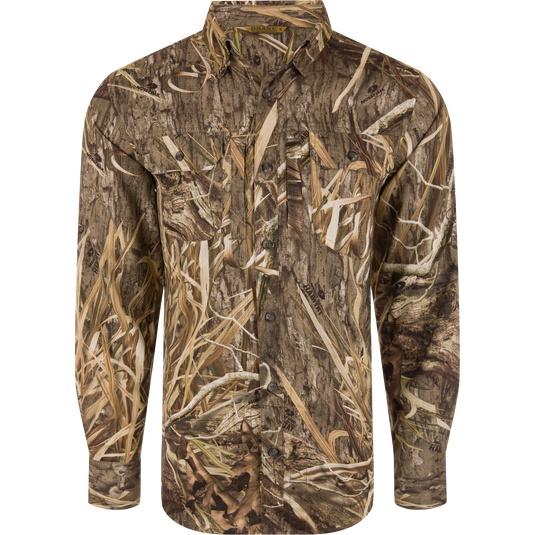 EST Wingshooter Trey Long Sleeve Shirt featuring hidden button-down collar, vented back, and multiple pockets, ideal for outdoor activities with sun protection and moisture-wicking properties.