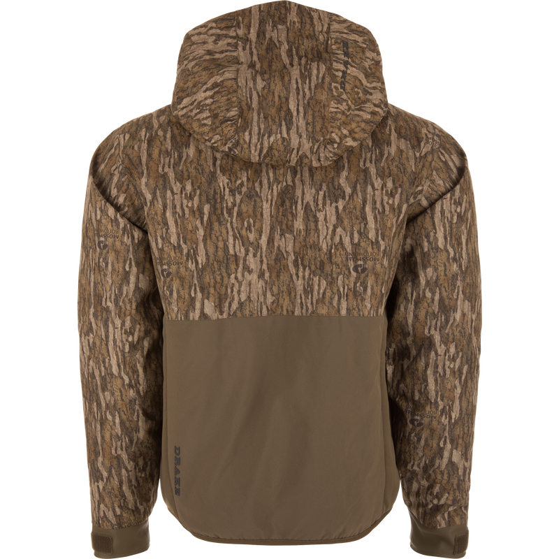 Back view of the LST BMF Eqwader Full Zip with Primaloft, featuring Mossy Oak Bottomland camo, olive-drab panel, and DRAKE branding near the hem.