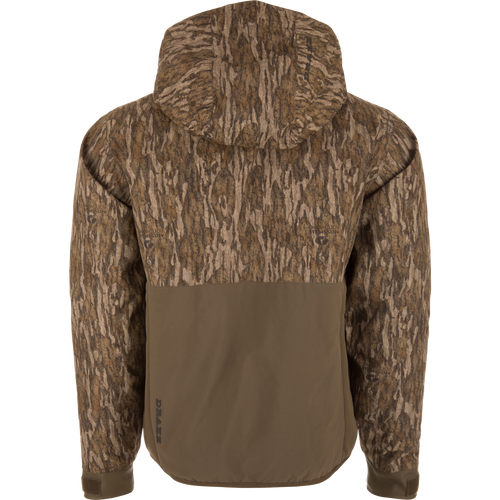 Back view of the LST BMF Eqwader Full Zip with Primaloft, featuring Mossy Oak Bottomland camo, olive-drab panel, and DRAKE branding near the hem.