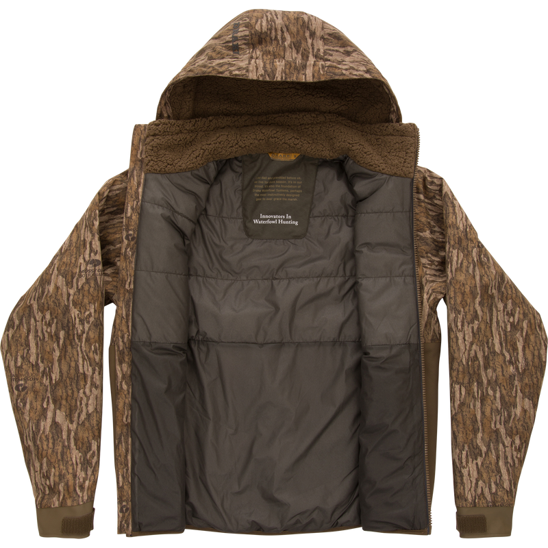 LST BMF Eqwader Full Zip with Primaloft, a camo-patterned hunting jacket, features an unzipped front, revealing insulated interior and sherpa-lined collar for optimal warmth.