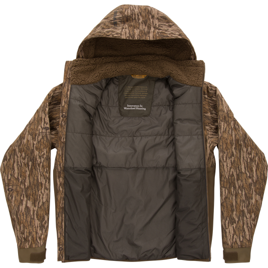 LST BMF Eqwader Full Zip with Primaloft, a camo-patterned hunting jacket, features an unzipped front, revealing insulated interior and sherpa-lined collar for optimal warmth.