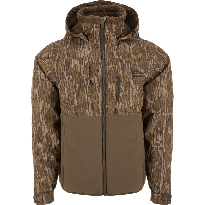 LST BMF Eqwader Full Zip with Primaloft, a camo-patterned men's jacket with fleece-lined hood, waterproof features, and Primaloft insulation, designed for cold-weather hunting adventures.