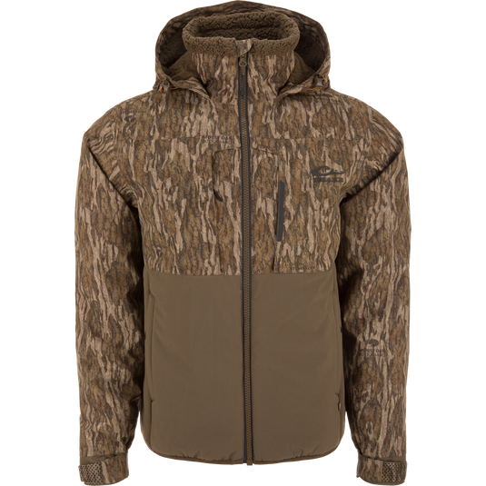 LST BMF Eqwader Full Zip with Primaloft, a camo-patterned men's jacket with fleece-lined hood, waterproof features, and Primaloft insulation, designed for cold-weather hunting adventures.