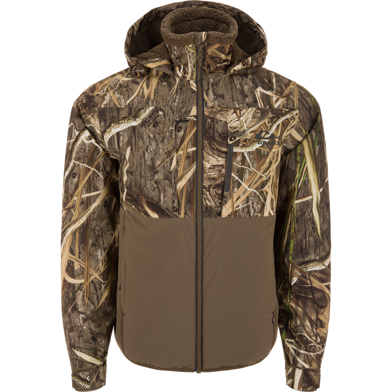 LST BMF Eqwader Full Zip with Primaloft hunting jacket featuring camouflage design, hood, zippered chest pocket, hand-warmer pockets, ideal for concealment in grassy environments.