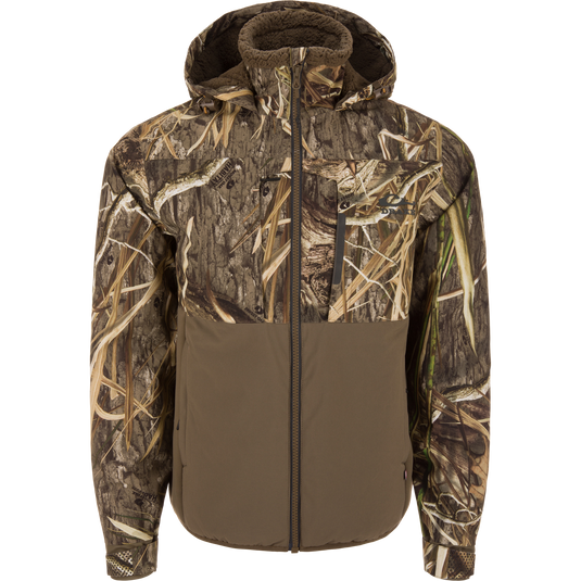 LST BMF Eqwader Full Zip with Primaloft hunting jacket featuring camouflage design, hood, zippered chest pocket, hand-warmer pockets, ideal for concealment in grassy environments.