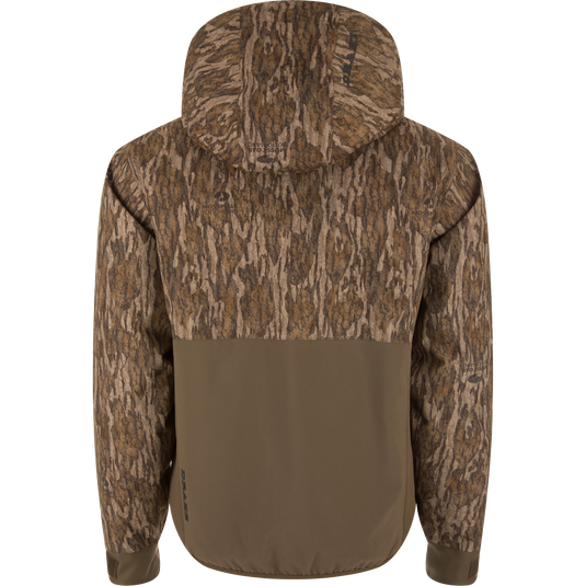 Back view of LST BMF Eqwader Half Zip Jacket with Primaloft in camo and solid brown, featuring hood, durable materials, and functional design for hunting.