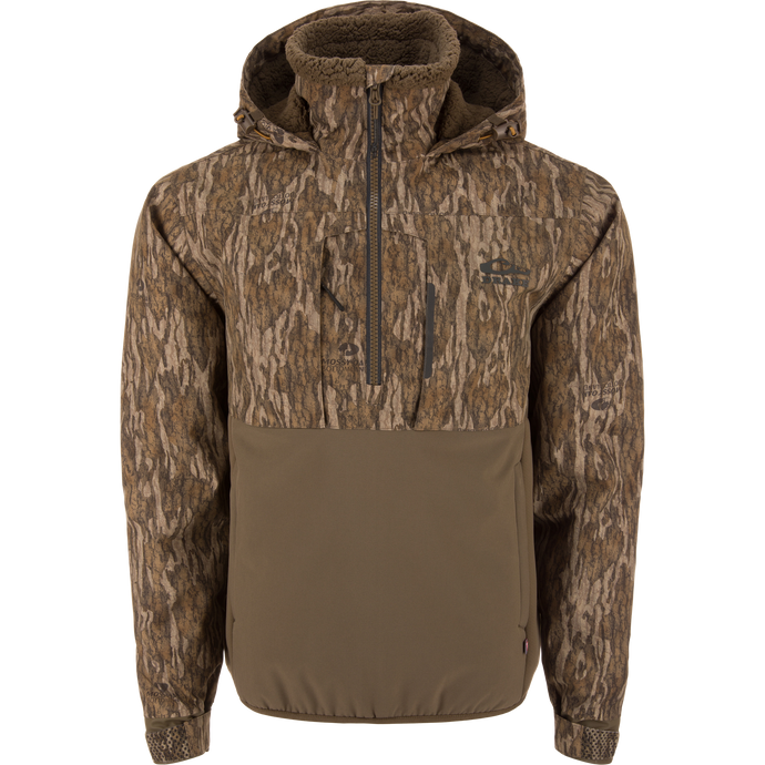 LST BMF Eqwader Half Zip Jacket with Primaloft features a camo-patterned hood, zippered chest pocket, and adjustable elements for versatile hunting comfort.