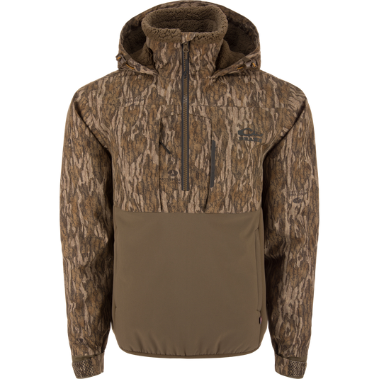 LST BMF Eqwader Half Zip Jacket with Primaloft features a camo-patterned hood, zippered chest pocket, and adjustable elements for versatile hunting comfort.
