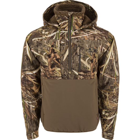 LST BMF Eqwader Half Zip Jacket with Primaloft features a camouflage pattern, quarter-zip front, fleece-lined hood, and zippered chest pockets, ideal for waterfowl hunting.