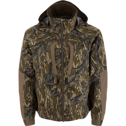 LST BMF Pit Jacket on mannequin, featuring camouflage pattern, adjustable hood, reinforced elbows, and chest pockets, designed for extreme outdoor conditions with durable, weather-resistant materials.