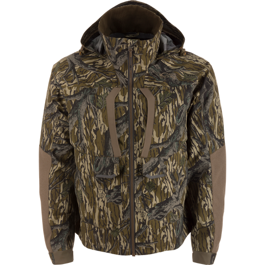 LST BMF Pit Jacket on mannequin, featuring camouflage pattern, adjustable hood, reinforced elbows, and chest pockets, designed for extreme outdoor conditions with durable, weather-resistant materials.