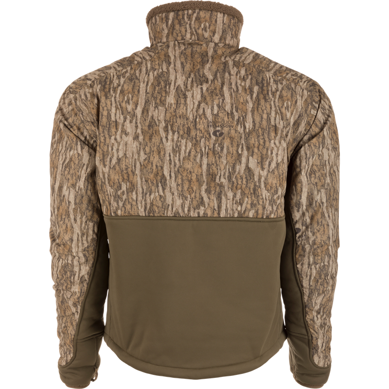 LST BMF 3-in-1 Pit Jacket with Primaloft, featuring a camouflage upper and solid olive lower, displayed on a mannequin, showcasing its rugged outdoor design.