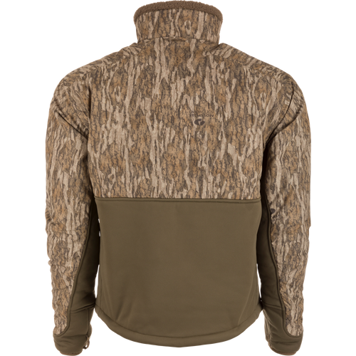 LST BMF 3-in-1 Pit Jacket with Primaloft, featuring a camouflage upper and solid olive lower, displayed on a mannequin, showcasing its rugged outdoor design.