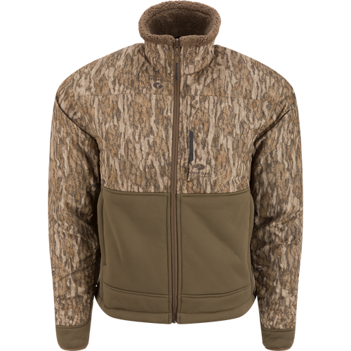 LST BMF 3-in-1 Pit Jacket with Primaloft, featuring a camouflage upper, olive-drab lower, fleece-lined collar, and multiple zip pockets, designed for versatility and durability.