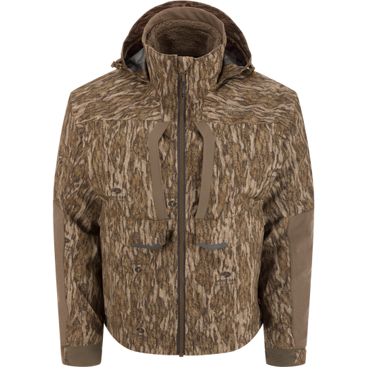 LST BMF 3-in-1 Pit Jacket with Primaloft features a camo pattern, full zipper, multiple pockets, fleece-lined collar, adjustable cuffs, and a hood for versatile outdoor protection.