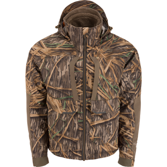 LST BMF 3-in-1 Pit Jacket with Primaloft features camo pattern, hood, multiple pockets, and adjustable cuffs, designed for adaptable warmth and durability in hunting conditions.