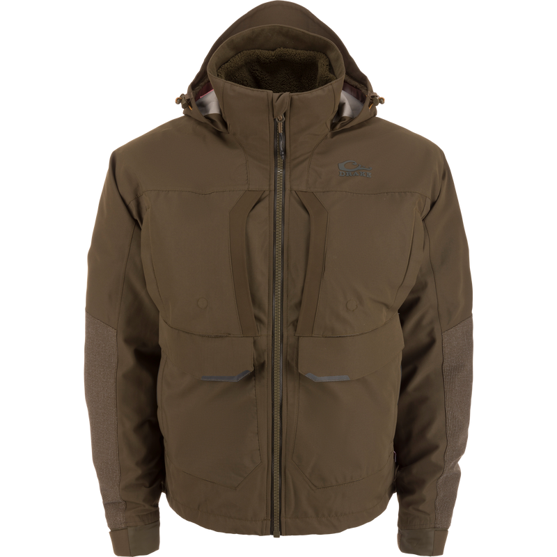 LST BMF 3-in-1 Pit Jacket with Primaloft features a hood, front zipper, chest and hand pockets, and reinforced elbows for outdoor protection.