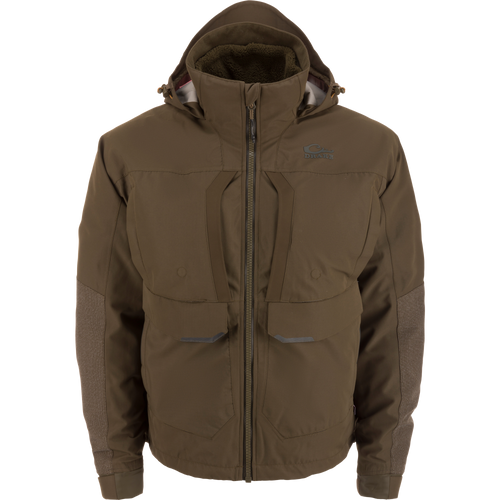 LST BMF 3-in-1 Pit Jacket with Primaloft features a hood, front zipper, chest and hand pockets, and reinforced elbows for outdoor protection.