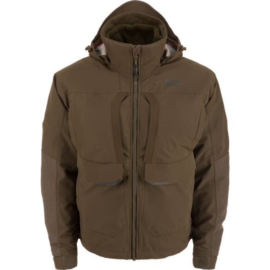 LST BMF 3-in-1 Pit Jacket with Primaloft features a hood, front zipper, chest and hand pockets, and reinforced elbows for outdoor protection.