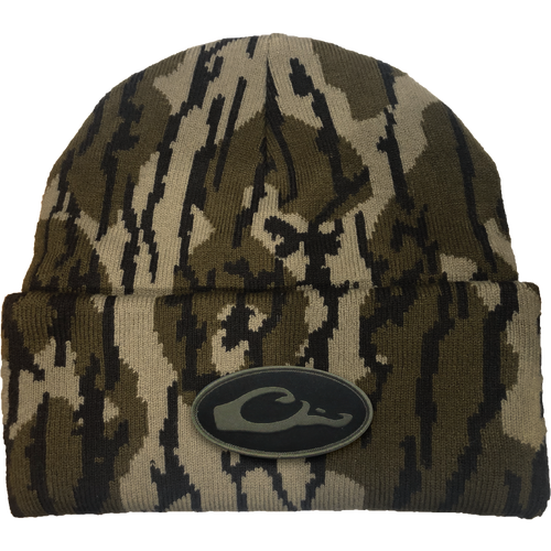 Drake X LOST Cold Front Watch Cap, camouflage beanie with logo, featuring durable 100% acrylic yarn, jacquard design, 4 cuff, ideal for cold-weather adventures.