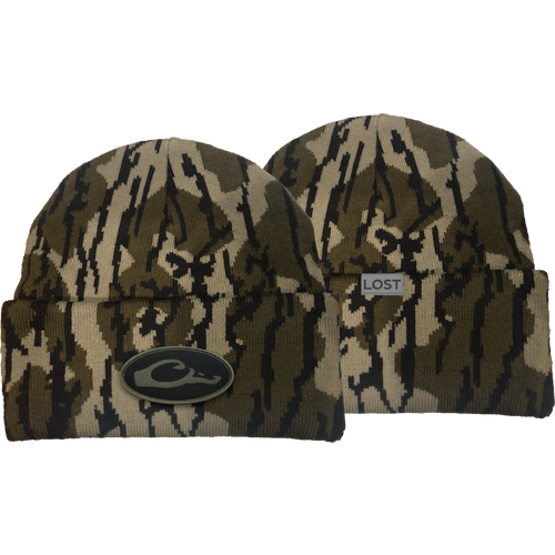 Drake X LOST Cold Front Watch Cap featuring a camouflage pattern, jacquard design, and a 4 flip cuff for warmth and durability.