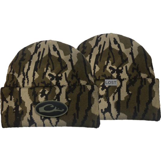 Drake X LOST Cold Front Watch Cap featuring a camouflage pattern, jacquard design, and a 4 flip cuff for warmth and durability.