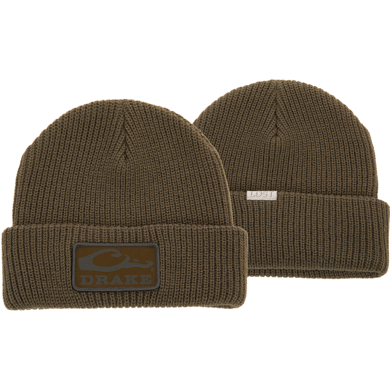 Drake X LOST Cold Front Watch Cap beanies showcasing a logo and patch, featuring durable acrylic yarn, jacquard design, and a snug 4 flip cuff.