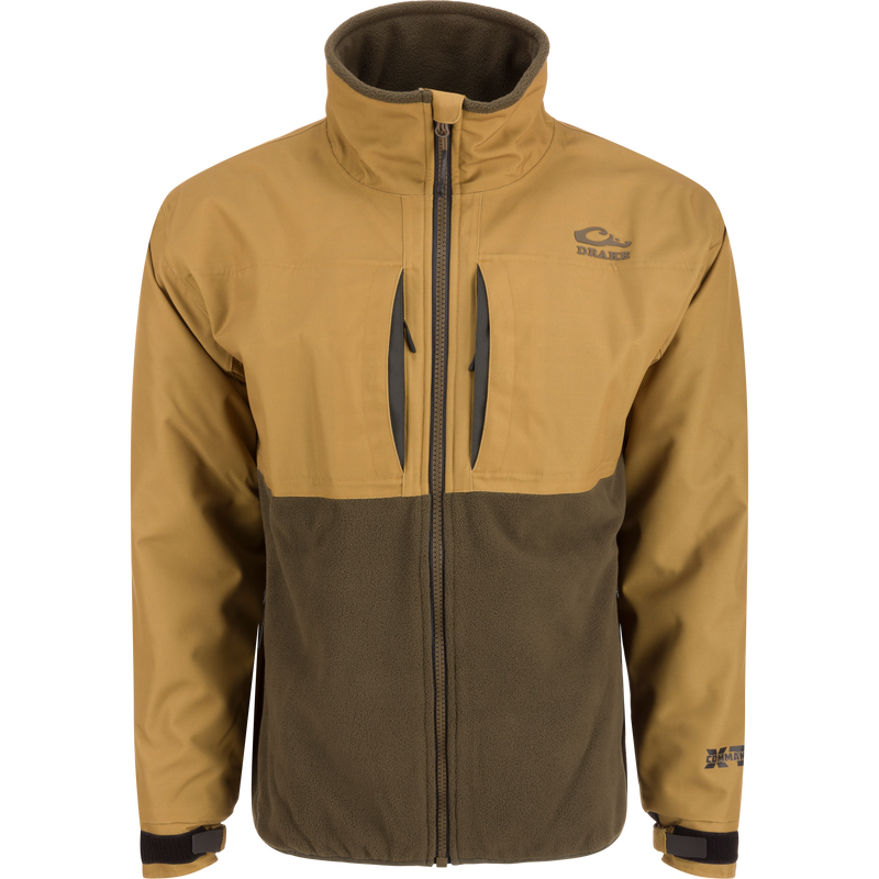 MST CommandXT Eqwader Full Zip Jacket with tan shell, olive fleece, high collar, dual chest pockets, and adjustable cuffs. Designed for rugged outdoor conditions.
