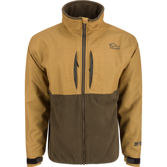 MST CommandXT Eqwader Full Zip Jacket with tan shell, olive fleece, high collar, dual chest pockets, and adjustable cuffs. Designed for rugged outdoor conditions.