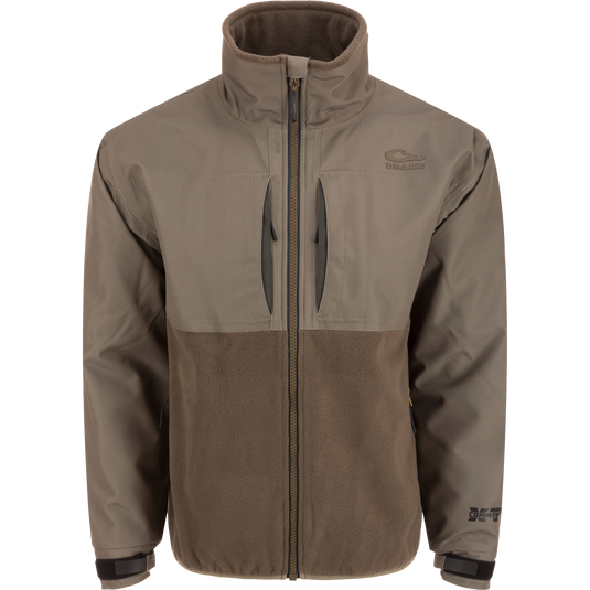MST CommandXT Eqwader Full Zip Jacket with a high collar, smooth upper, fleece lower, Magnattach™ chest pockets, and water-resistant cuffs, ideal for outdoor enthusiasts.
