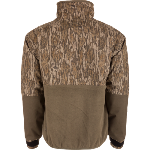 MST CommandXT Eqwader Half Zip Jacket's back view, featuring Mossy Oak camouflage, olive fleece, stand-up collar, elasticized hem, and adjustable cuffs for weather protection and durability.