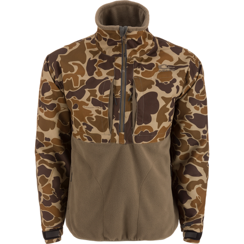 MST CommandXT Eqwader Half Zip Jacket with camo top and brown fleece lower body, featuring waterproof polyester and reinforced abrasion zones, ideal for outdoor and hunting activities.