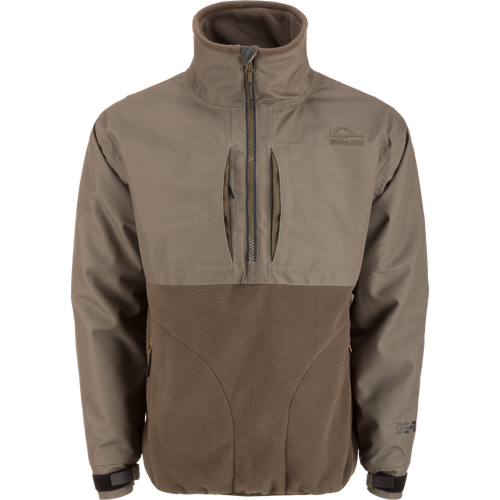 MST CommandXT Eqwader Half Zip Jacket with olive/khaki upper, brown fleece lower, quarter-zip, chest pockets, hand-warmer pockets, and adjustable cuffs, designed for weather protection and durability.