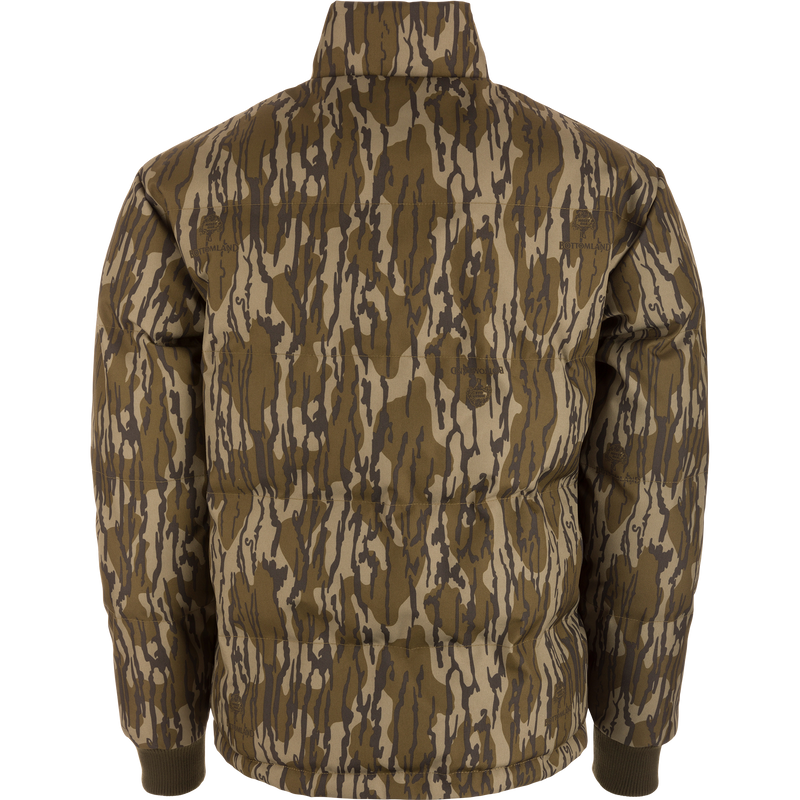 Throwback 80 Featherless Puffer Jacket, showcasing its back view with a quilted camouflage pattern, stand-up collar, and ribbed cuffs, ideal for outdoor adventures.