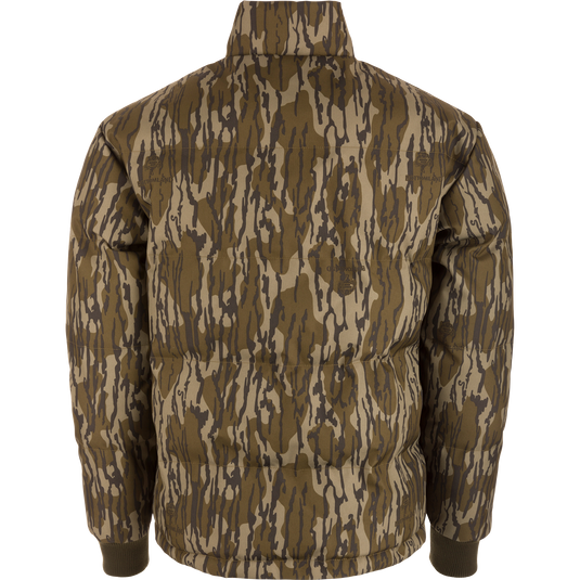 Throwback 80 Featherless Puffer Jacket, showcasing its back view with a quilted camouflage pattern, stand-up collar, and ribbed cuffs, ideal for outdoor adventures.