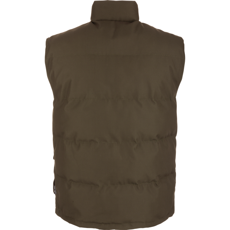 Throwback 80 Featherless Puffer Vest close-up, showcasing its waterproof, windproof polyester material, fleece collar lining, and durable brass snaps, designed for warmth and comfort.
