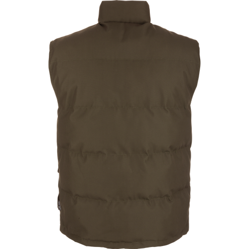 Throwback 80 Featherless Puffer Vest close-up, showcasing its waterproof, windproof polyester material, fleece collar lining, and durable brass snaps, designed for warmth and comfort.